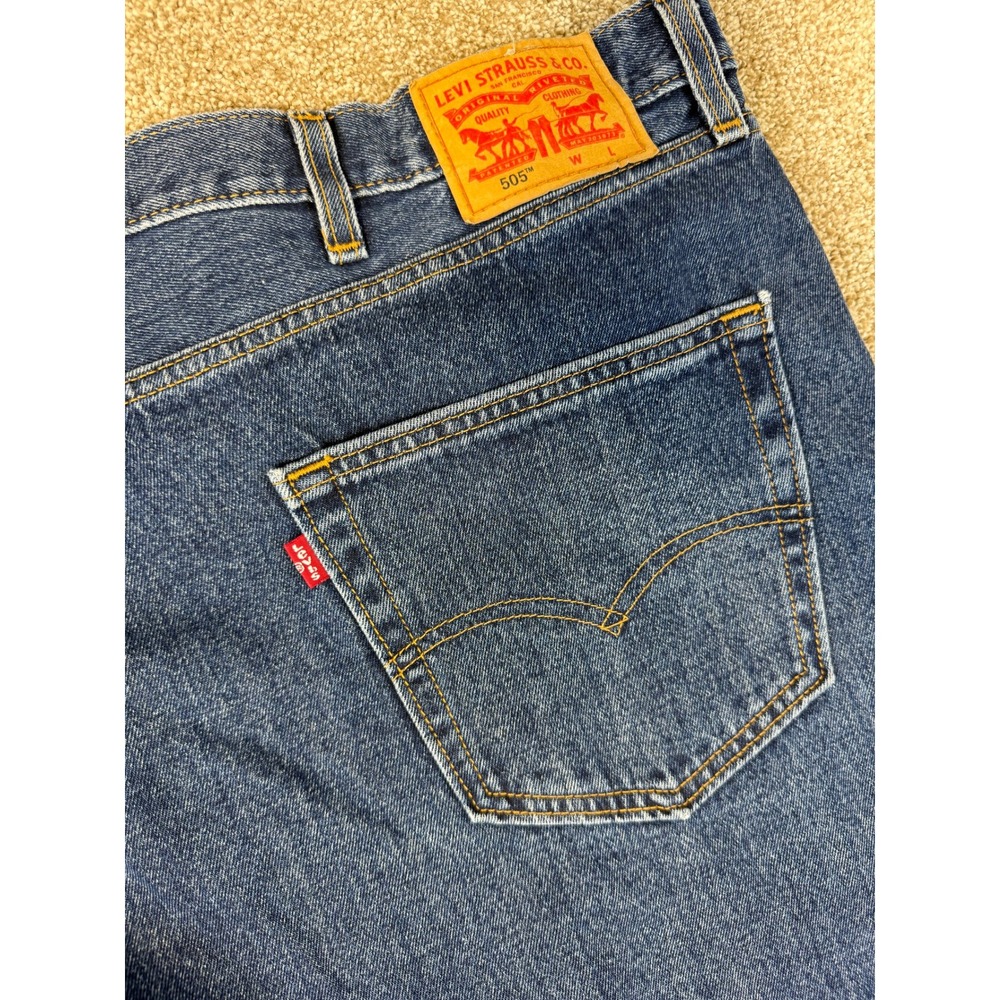 Levis 505 Regular Fit Straight Leg Blue Jeans Mens 50x32 Irregular Workwear VTG